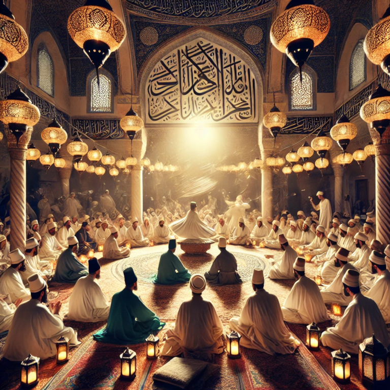 DALL·E 2025-02-27 18.35.27 - A traditional Sufi gathering inspired by Quranic teachings. The scene is set in a beautifully decorated courtyard with lanterns casting a warm glow. S